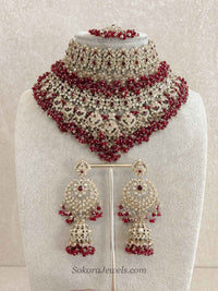 Amelia Maroon V-Shape Bridal Necklace Set - SOKORA JEWELSAmelia Maroon V-Shape Bridal Necklace Setnecklace sets