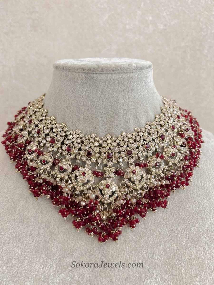 Amelia Maroon V-Shape Bridal Necklace Set - SOKORA JEWELSAmelia Maroon V-Shape Bridal Necklace Setnecklace sets