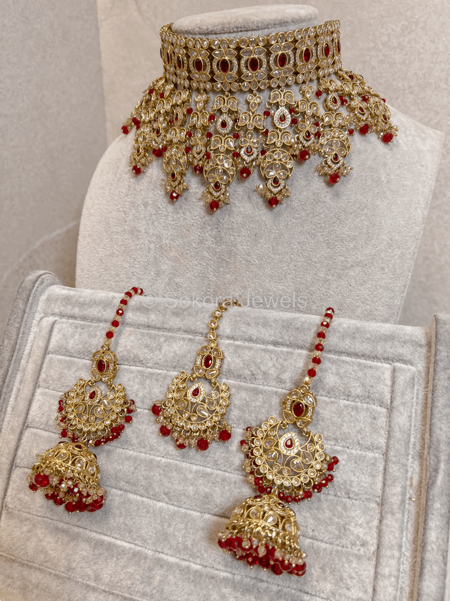 Amreen Beads Choker Set - Red - SOKORA JEWELSAmreen Beads Choker Set - Red