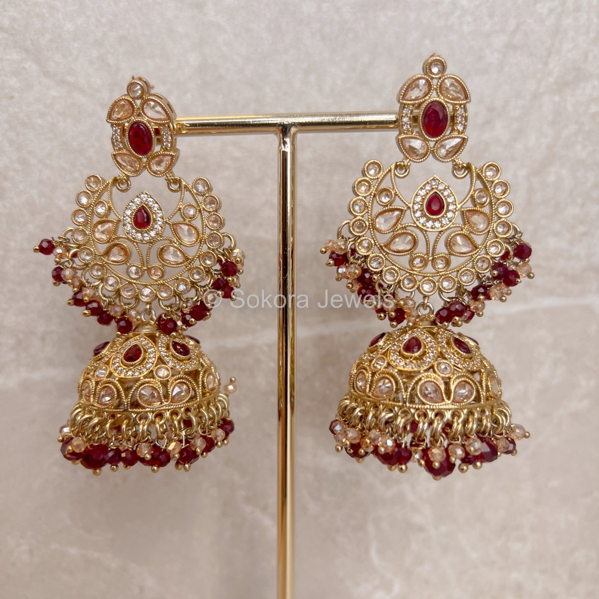 Amreen Jhumka Earrings - Maroon - SOKORA JEWELSAmreen Jhumka Earrings - Maroon