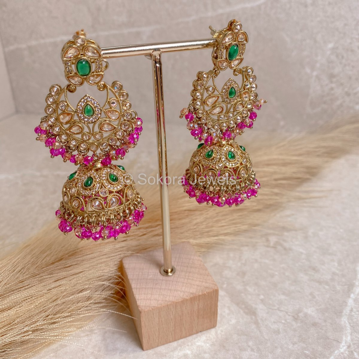 Amreen Jhumka Earrings - Pink/Green - SOKORA JEWELSAmreen Jhumka Earrings - Pink/Green