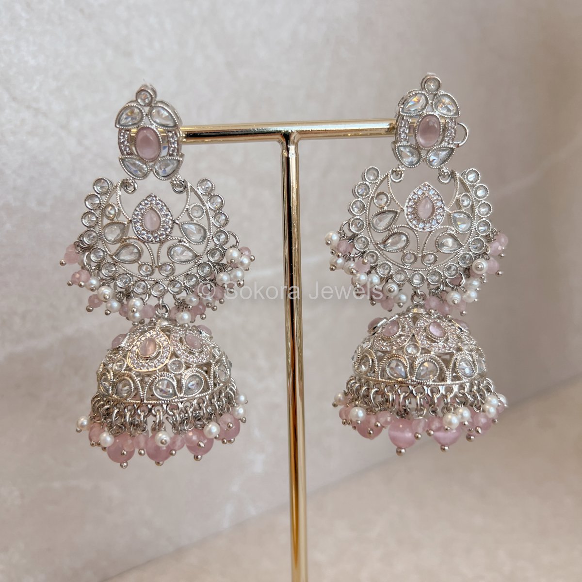 Amreen SilverJhumka Earrings - Light Pink - SOKORA JEWELSAmreen SilverJhumka Earrings - Light Pink