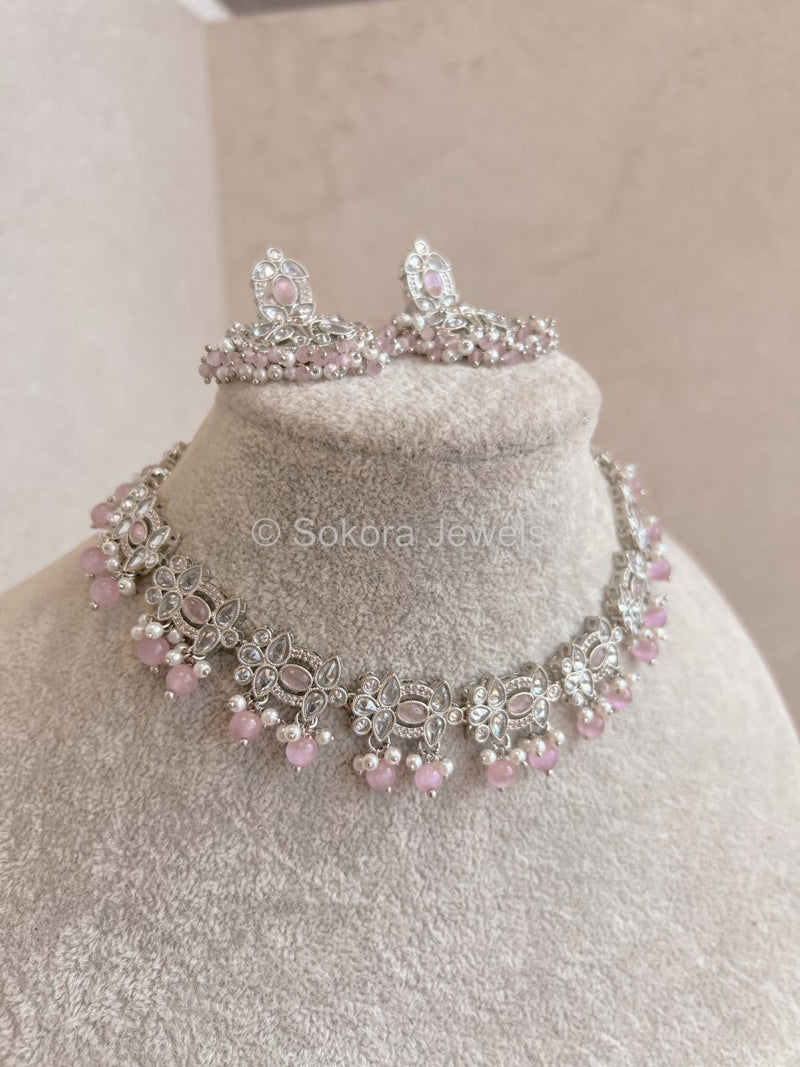 Amreen Small set - Silver + Pink - SOKORA JEWELSAmreen Small set - Silver + Pink