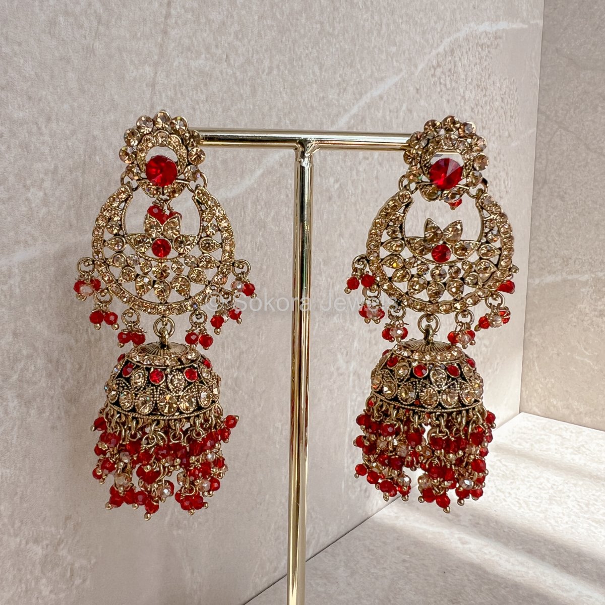 Amulya Jhumka Earrings - Red - SOKORA JEWELSAmulya Jhumka Earrings - Red