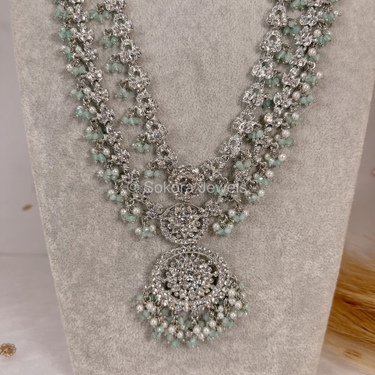 Amulya Long Silver Necklace - Mint - SOKORA JEWELSAmulya Long Silver Necklace - Mint