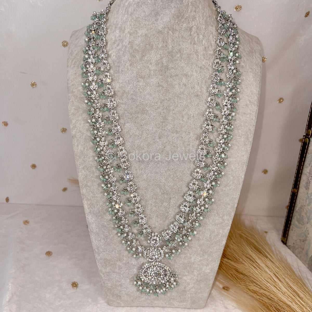 Amulya Long Silver Necklace - Mint - SOKORA JEWELSAmulya Long Silver Necklace - Mint