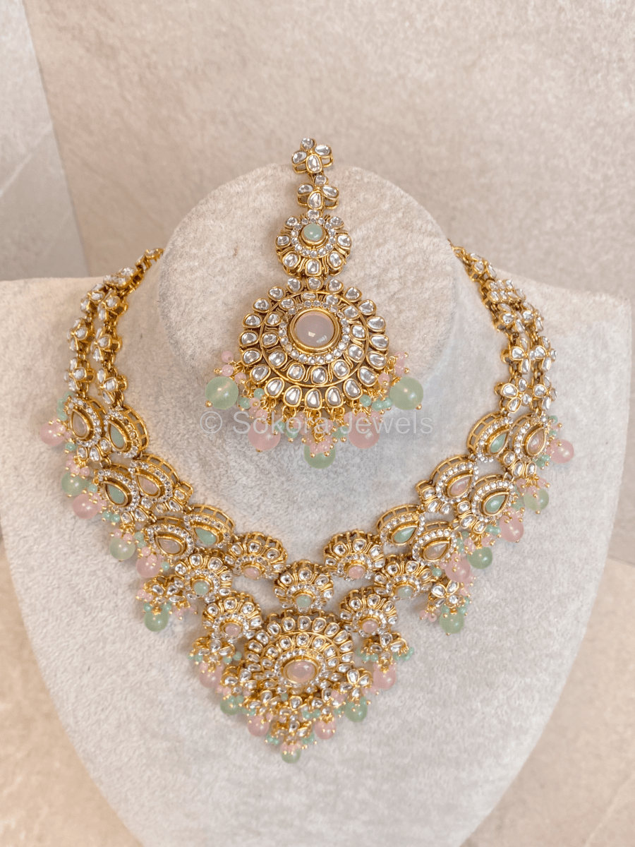 Aneesa Faux Kundan Necklace Set - Pink & Mint - SOKORA JEWELSAneesa Faux Kundan Necklace Set - Pink & Mint