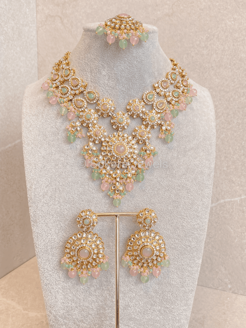 Aneesa Faux Kundan Necklace Set - Pink & Mint - SOKORA JEWELSAneesa Faux Kundan Necklace Set - Pink & Mint