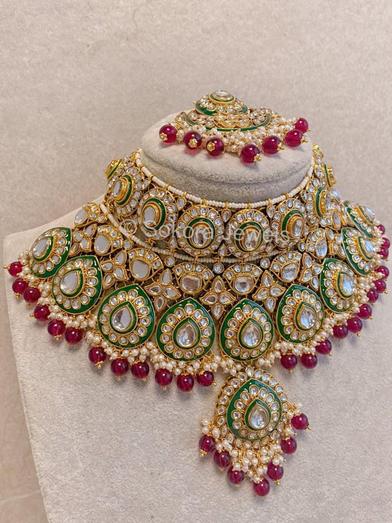 Anjana Large Faux Kundan Bridal set - Ruby - SOKORA JEWELSAnjana Large Faux Kundan Bridal set - Ruby