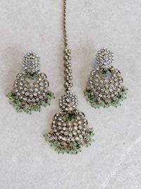 Antique Gold Beaded Earrings & Tikka Set - SOKORA JEWELSAntique Gold Beaded Earrings & Tikka Set