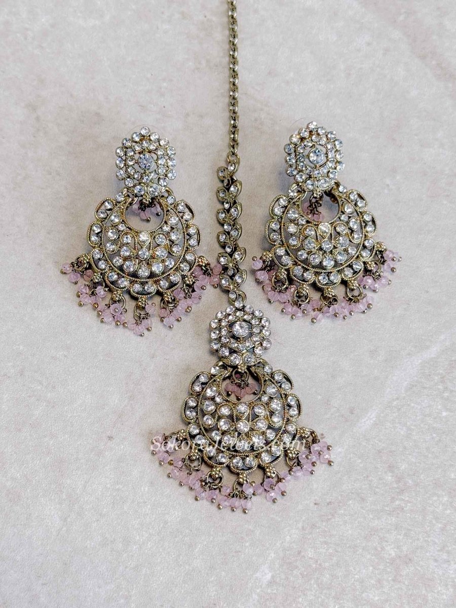 Antique Gold Beaded Earrings & Tikka Set - SOKORA JEWELSAntique Gold Beaded Earrings & Tikka Set