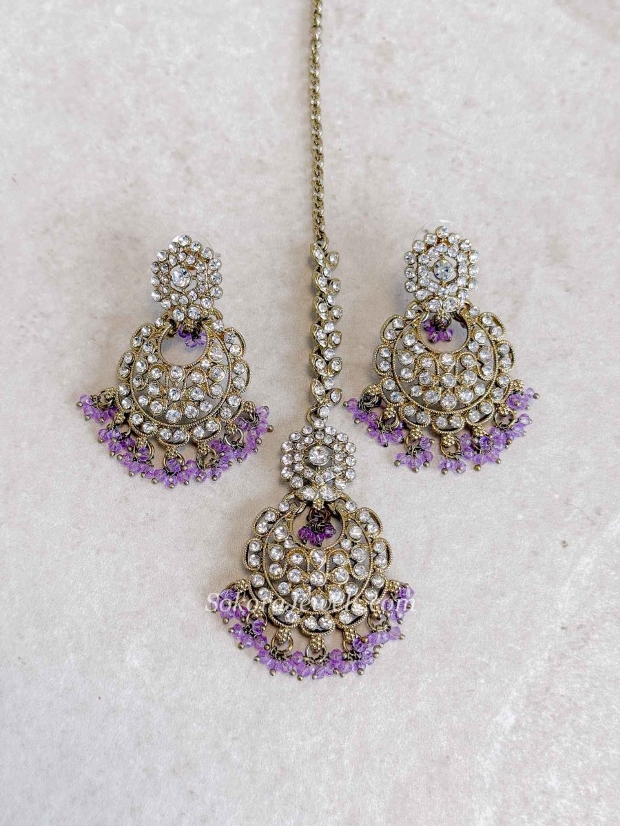 Antique Gold Beaded Earrings & Tikka Set - SOKORA JEWELSAntique Gold Beaded Earrings & Tikka Set