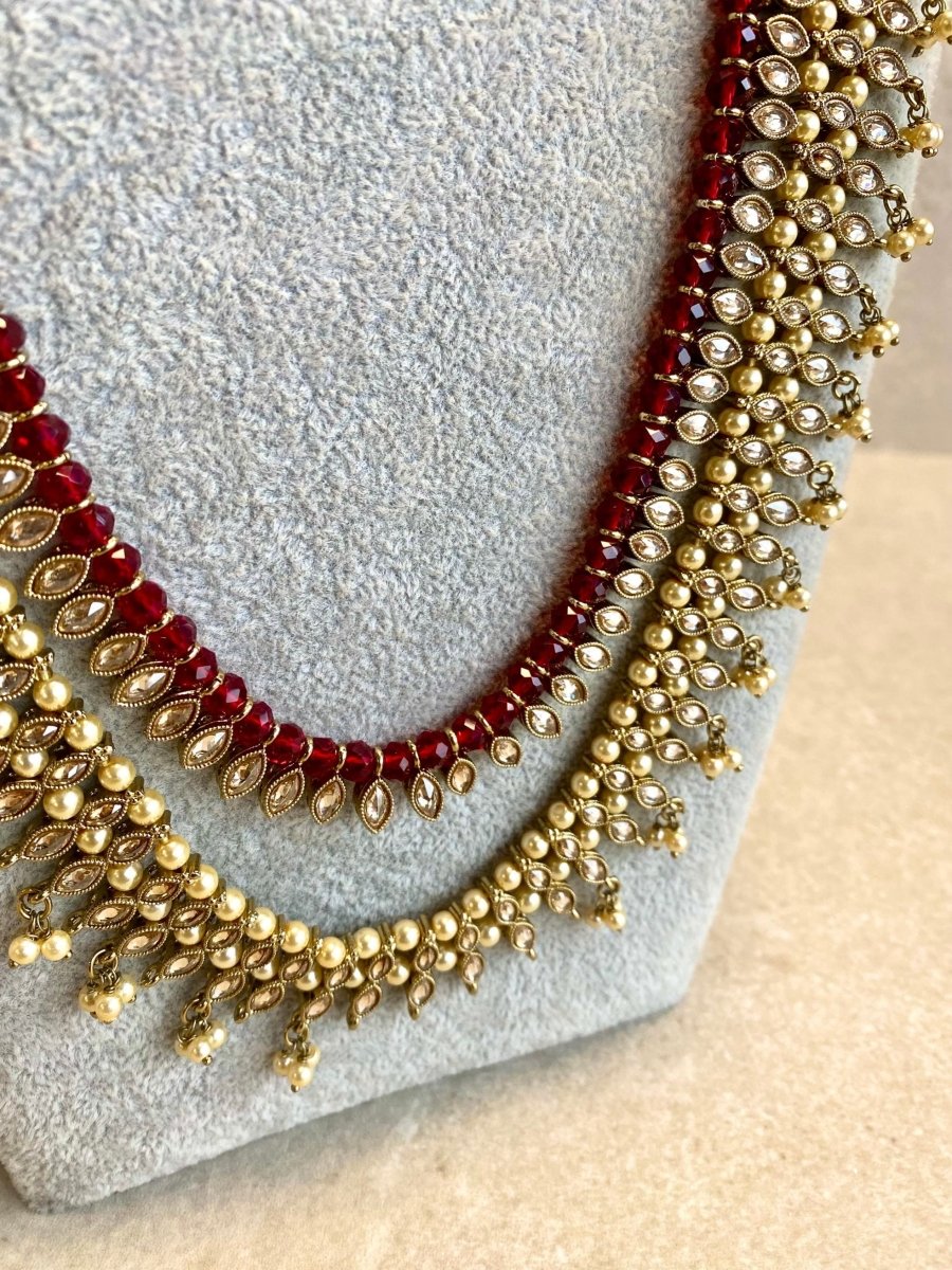 Antique Gold Beaded Mala - Maroon - SOKORA JEWELSAntique Gold Beaded Mala - MaroonNECKLACE SETS