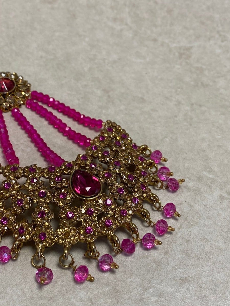Antique Gold & Beadwork Jhumar - Hot Pink - SOKORA JEWELSAntique Gold & Beadwork Jhumar - Hot Pink