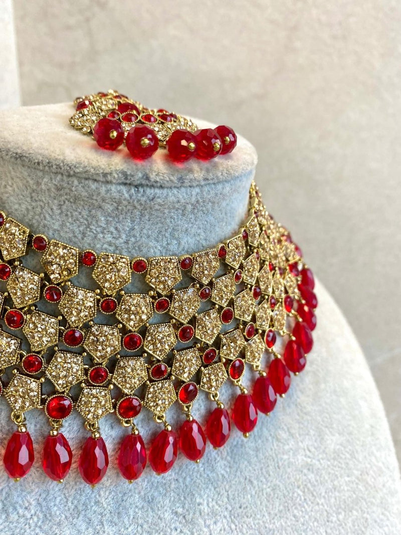 Antique Gold Bridal Necklace Set - Red/Golden - SOKORA JEWELSAntique Gold Bridal Necklace Set - Red/Golden