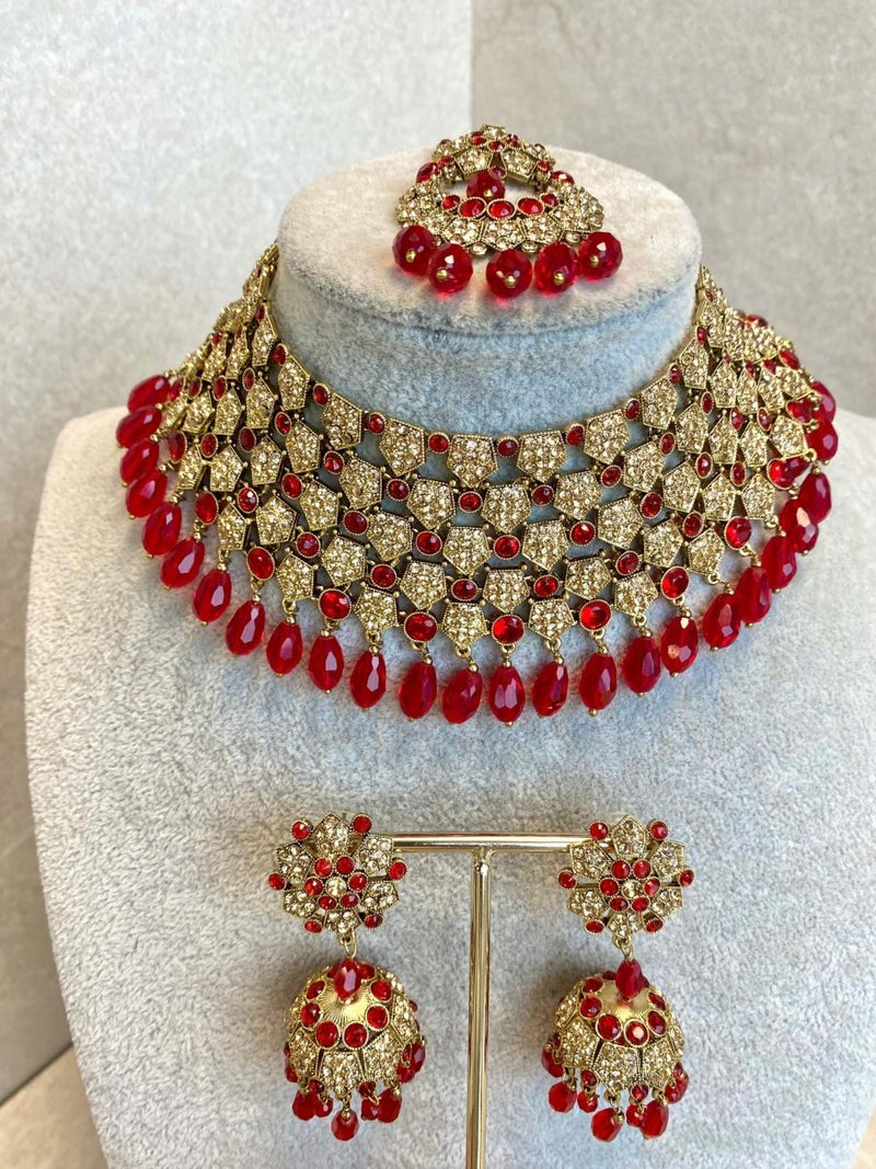 Antique Gold Bridal Necklace Set - Red/Golden - SOKORA JEWELSAntique Gold Bridal Necklace Set - Red/Golden