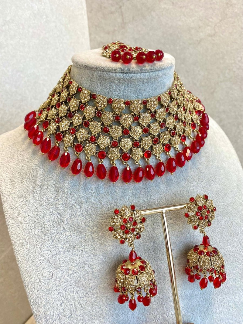 Antique Gold Bridal Necklace Set - Red/Golden - SOKORA JEWELSAntique Gold Bridal Necklace Set - Red/Golden