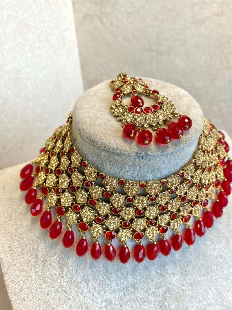 Antique Gold Bridal Necklace Set - Red/Golden - SOKORA JEWELSAntique Gold Bridal Necklace Set - Red/Golden