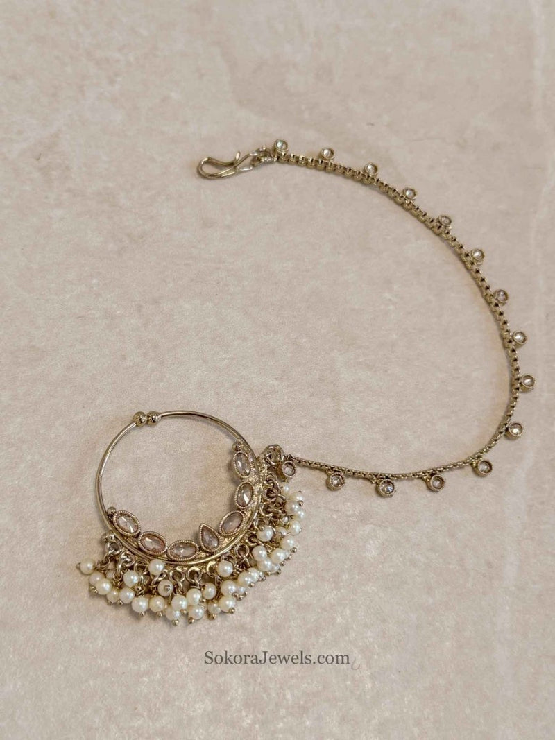 Antique Gold Champagne Zircon Bridal Nose Ring with Pearl Chain - SOKORA JEWELSAntique Gold Champagne Zircon Bridal Nose Ring with Pearl Chain
