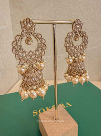 Antique Gold Champagne Zircon & Pearl Couture Jhumkas - SOKORA JEWELSAntique Gold Champagne Zircon & Pearl Couture Jhumkas