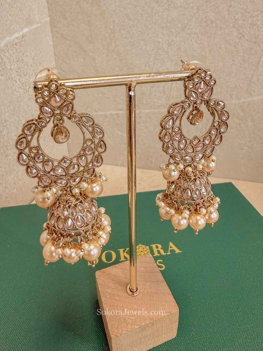 Antique Gold Champagne Zircon & Pearl Couture Jhumkas - SOKORA JEWELSAntique Gold Champagne Zircon & Pearl Couture Jhumkas