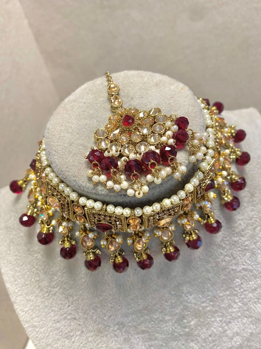 Antique Gold Choker Set - Maroon - SOKORA JEWELSAntique Gold Choker Set - Maroon