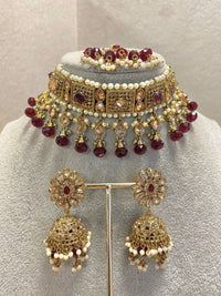 Antique Gold Choker Set - Maroon - SOKORA JEWELSAntique Gold Choker Set - Maroon