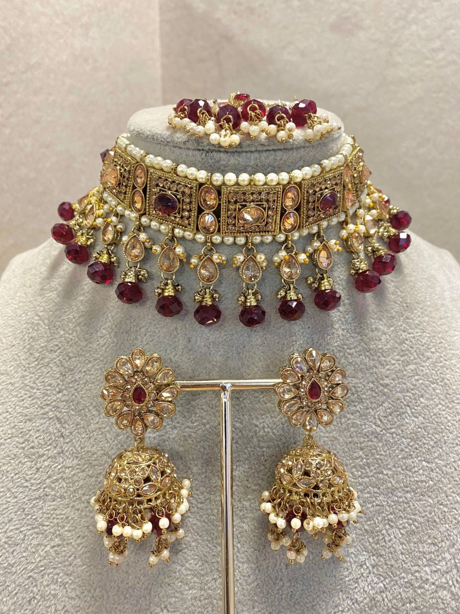Antique Gold Choker Set - Maroon - SOKORA JEWELSAntique Gold Choker Set - Maroon