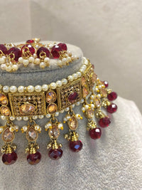 Antique Gold Choker Set - Maroon - SOKORA JEWELSAntique Gold Choker Set - Maroon
