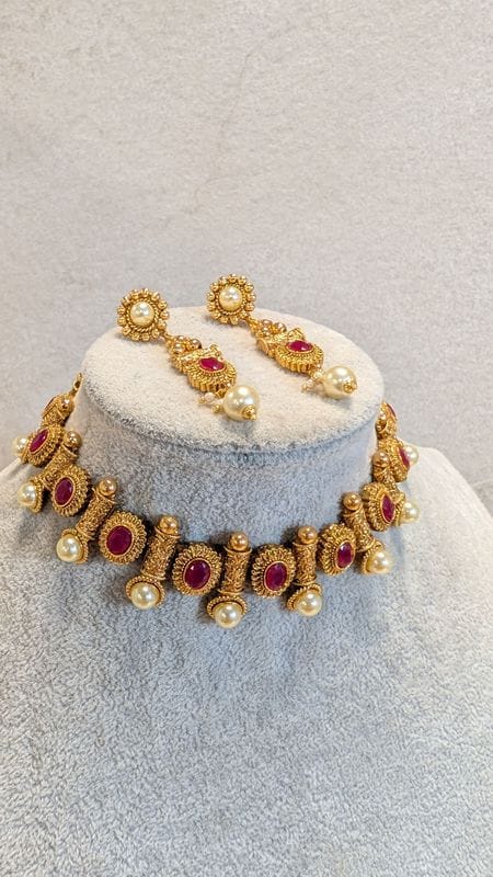 Antique Gold Choker Set - Ruby & Pearl - SOKORA JEWELSAntique Gold Choker Set - Ruby & PearlChoker Sets