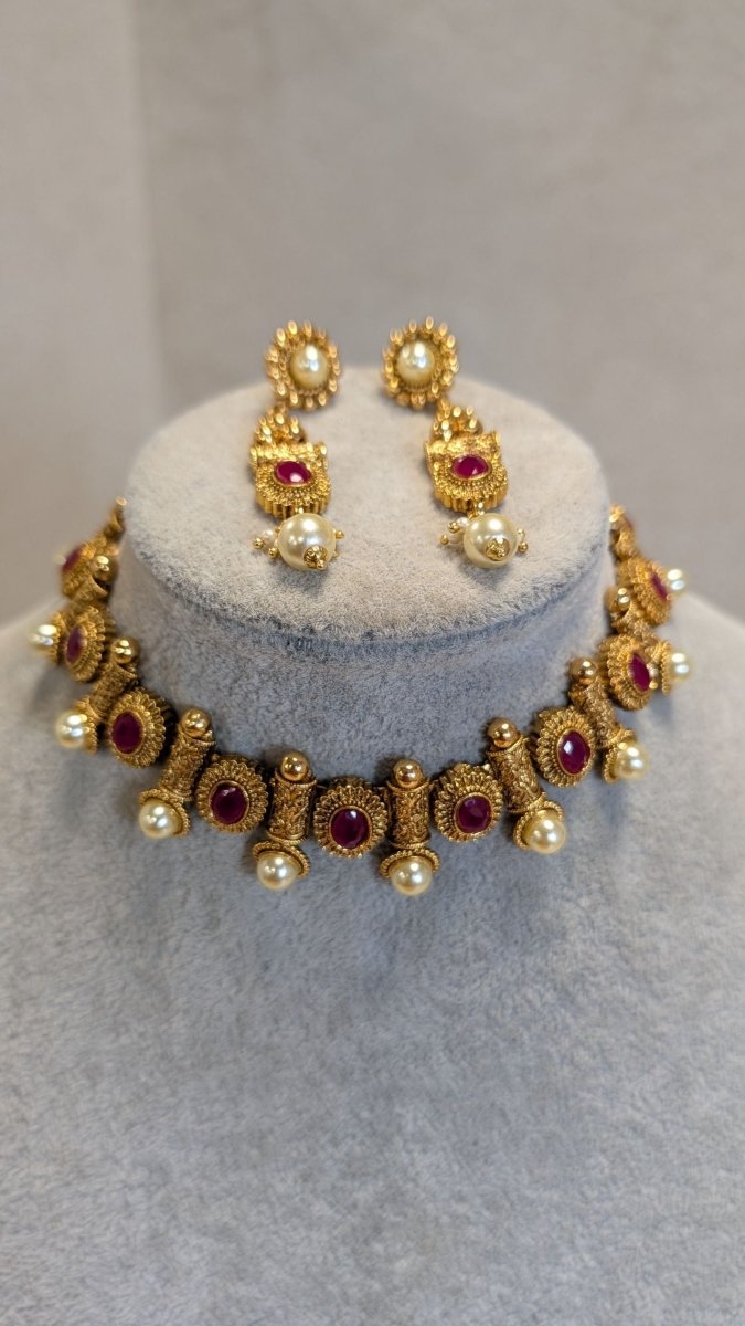 Antique Gold Choker Set - Ruby & Pearl - SOKORA JEWELSAntique Gold Choker Set - Ruby & PearlChoker Sets