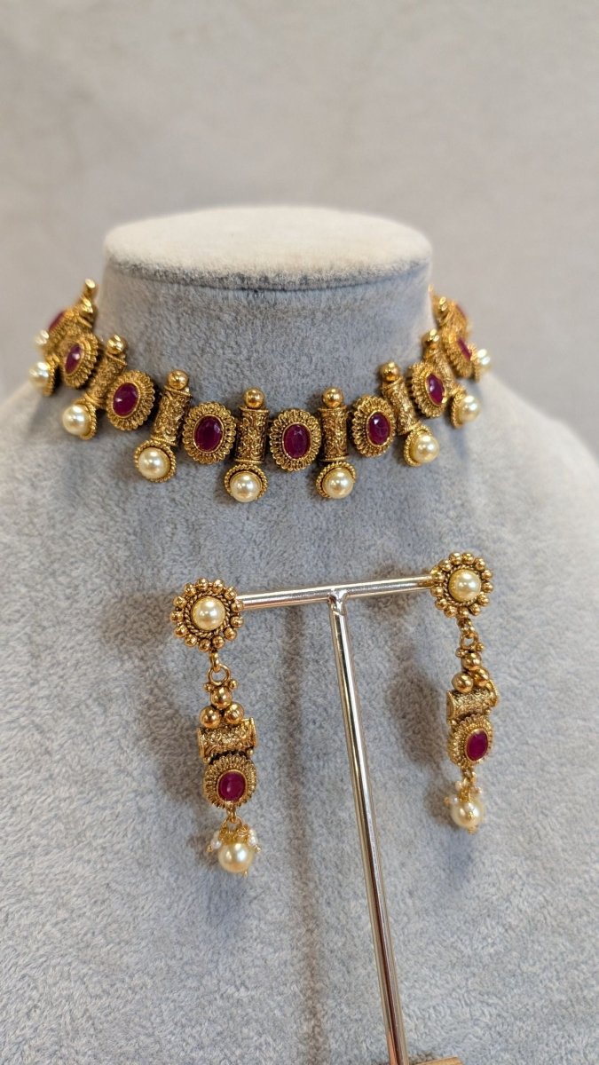 Antique Gold Choker Set - Ruby & Pearl - SOKORA JEWELSAntique Gold Choker Set - Ruby & PearlChoker Sets