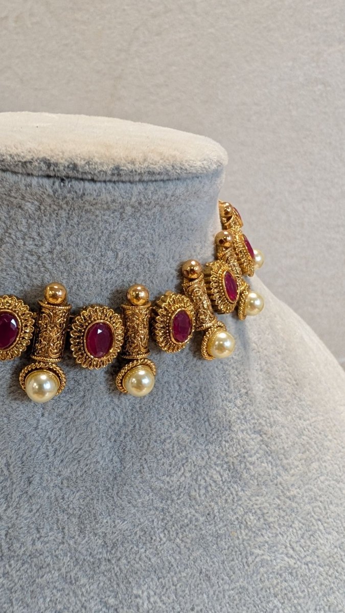 Antique Gold Choker Set - Ruby & Pearl - SOKORA JEWELSAntique Gold Choker Set - Ruby & PearlChoker Sets