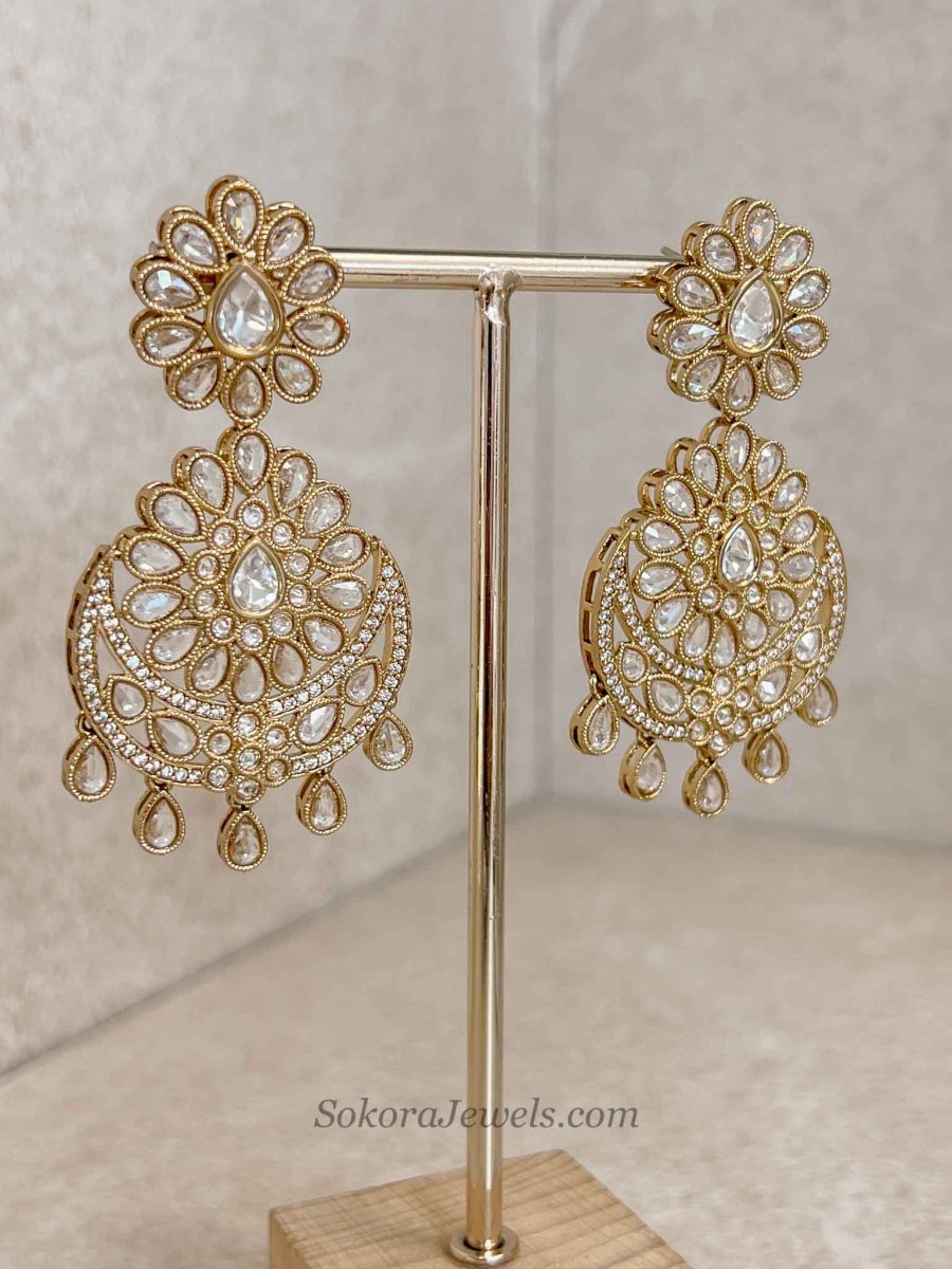 Antique Gold Clear Earrings & Tikka Set - SOKORA JEWELSAntique Gold Clear Earrings & Tikka Set
