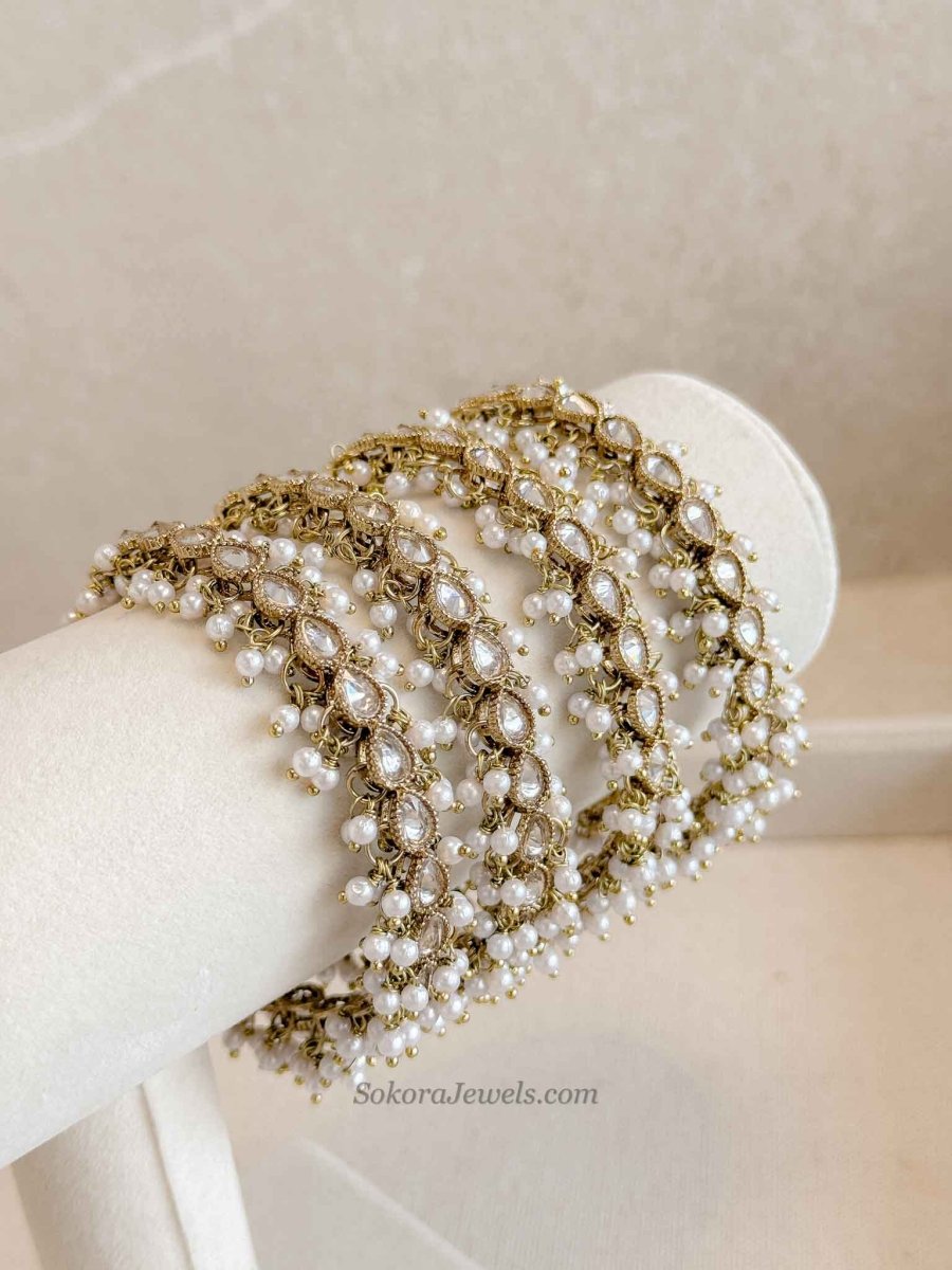 Antique Gold & Clear Zircon & Pearl Bridal Bangles - SOKORA JEWELSAntique Gold & Clear Zircon & Pearl Bridal BanglesBANGLES