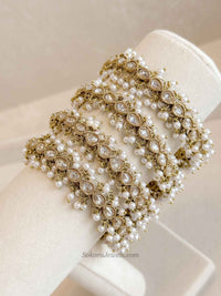 Antique Gold & Clear Zircon & Pearl Bridal Bangles - SOKORA JEWELSAntique Gold & Clear Zircon & Pearl Bridal BanglesBANGLES