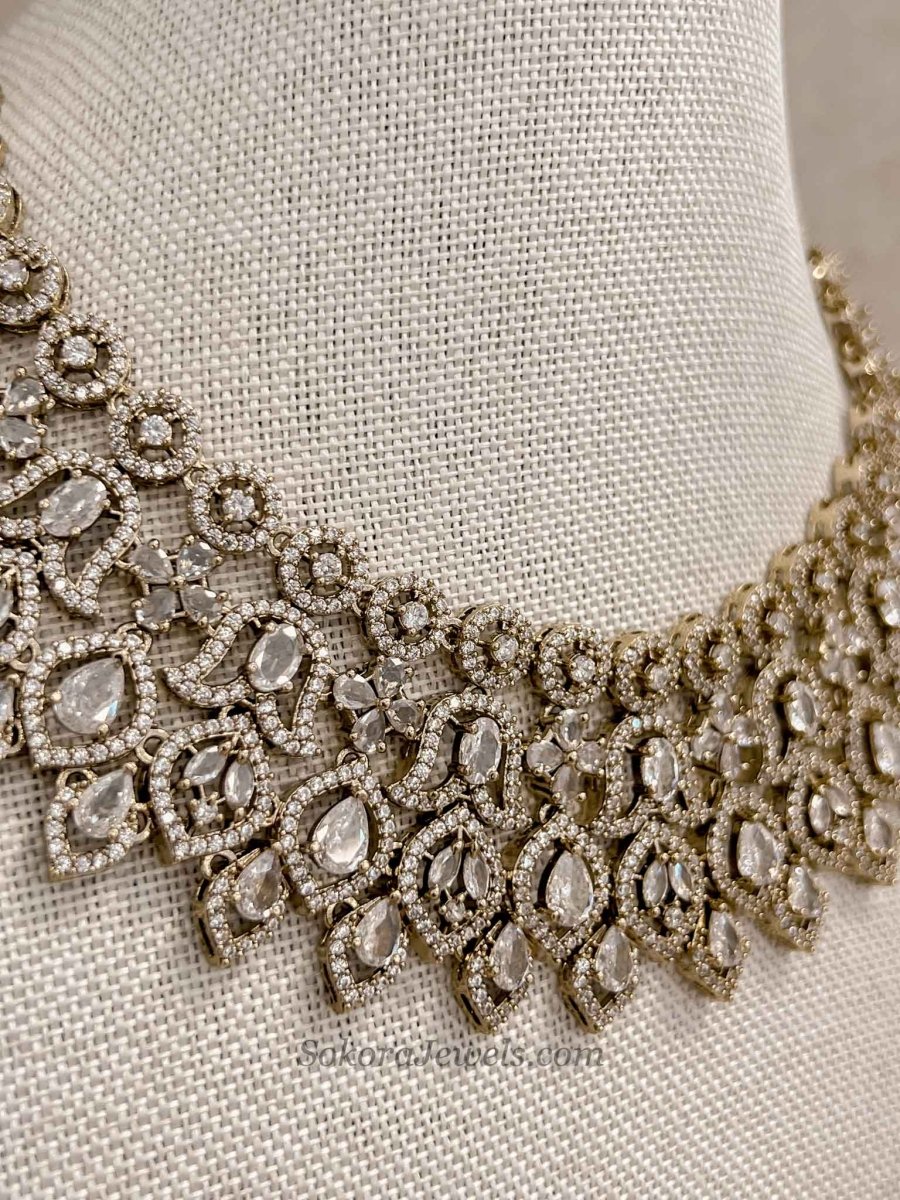 Antique Gold Crystal American Diamond Necklace Set - SOKORA JEWELSAntique Gold Crystal American Diamond Necklace SetNECKLACE SETS