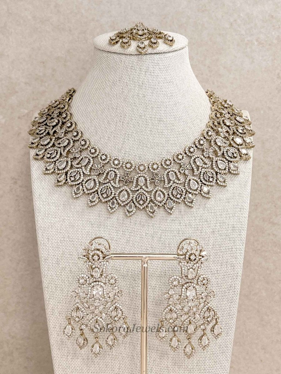 Antique Gold Crystal American Diamond Necklace Set - SOKORA JEWELSAntique Gold Crystal American Diamond Necklace SetNECKLACE SETS