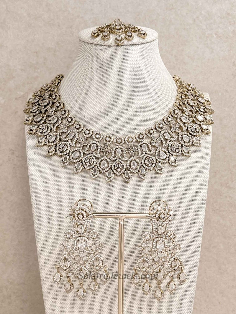 Antique Gold Crystal American Diamond Necklace Set - SOKORA JEWELSAntique Gold Crystal American Diamond Necklace SetNECKLACE SETS