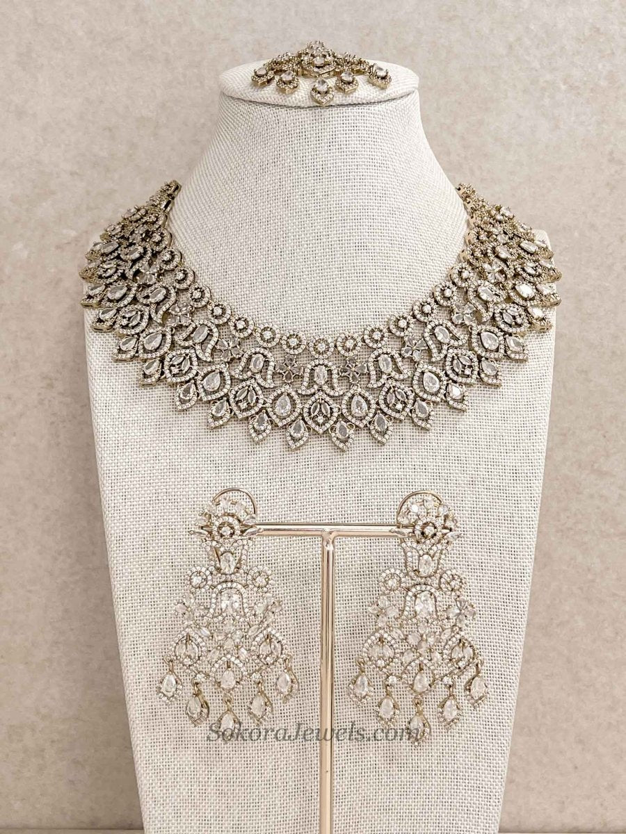 Antique Gold Crystal American Diamond Necklace Set - SOKORA JEWELSAntique Gold Crystal American Diamond Necklace SetNECKLACE SETS