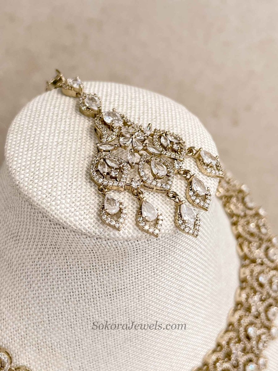 Antique Gold Crystal American Diamond Necklace Set - SOKORA JEWELSAntique Gold Crystal American Diamond Necklace SetNECKLACE SETS