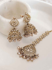 Antique Gold Crystal & Golden Bead Jhumka Earrings with Tikka Set - SOKORA JEWELSAntique Gold Crystal & Golden Bead Jhumka Earrings with Tikka Set