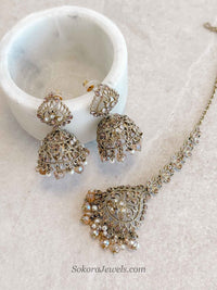 Antique Gold Crystal & Golden Bead Jhumka Earrings with Tikka Set - SOKORA JEWELSAntique Gold Crystal & Golden Bead Jhumka Earrings with Tikka Set