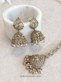 Antique Gold Crystal & Golden Bead Jhumka Earrings with Tikka Set - SOKORA JEWELSAntique Gold Crystal & Golden Bead Jhumka Earrings with Tikka Set