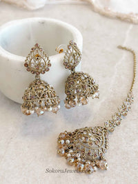 Antique Gold Crystal & Golden Bead Jhumka Earrings with Tikka Set - SOKORA JEWELSAntique Gold Crystal & Golden Bead Jhumka Earrings with Tikka Set