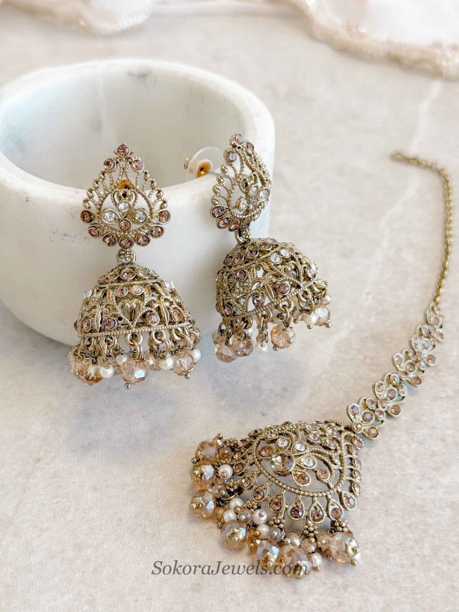 Antique Gold Crystal & Golden Bead Jhumka Earrings with Tikka Set - SOKORA JEWELSAntique Gold Crystal & Golden Bead Jhumka Earrings with Tikka Set