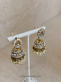 Antique Gold & Crystal Jhumka Earrings - SOKORA JEWELSAntique Gold & Crystal Jhumka Earrings