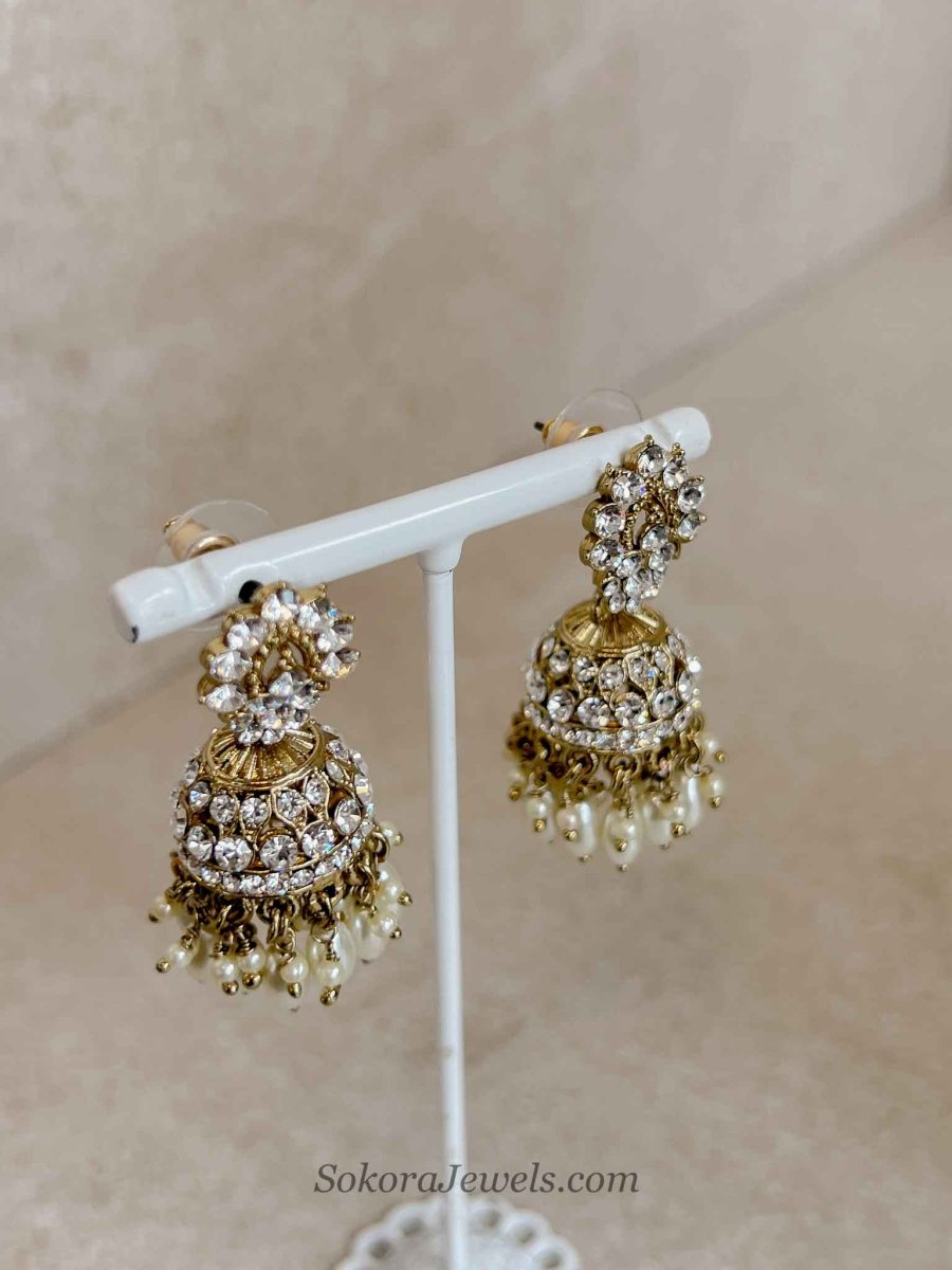 Antique Gold & Crystal Jhumka Earrings - SOKORA JEWELSAntique Gold & Crystal Jhumka Earrings