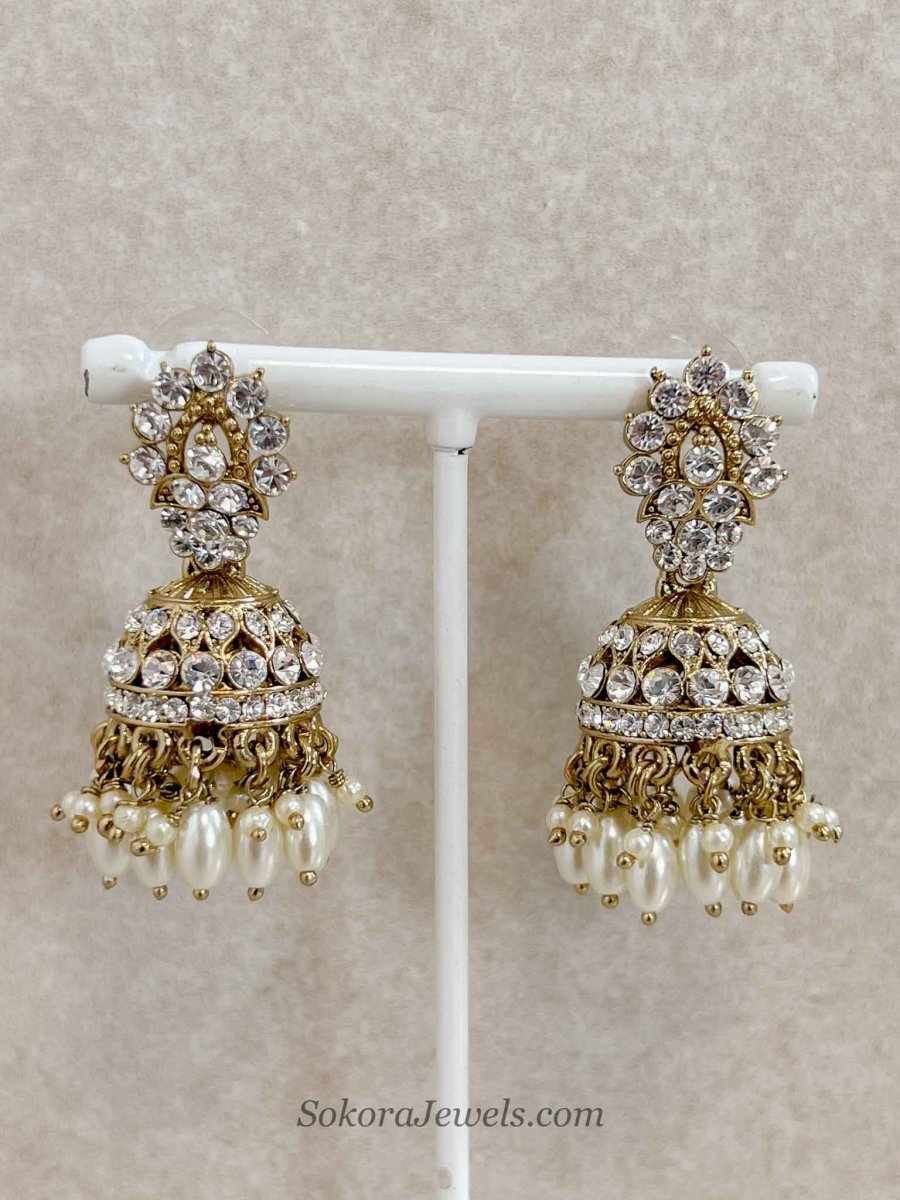 Antique Gold & Crystal Jhumka Earrings - SOKORA JEWELSAntique Gold & Crystal Jhumka Earrings