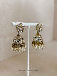 Antique Gold & Crystal Jhumka Earrings - SOKORA JEWELSAntique Gold & Crystal Jhumka Earrings